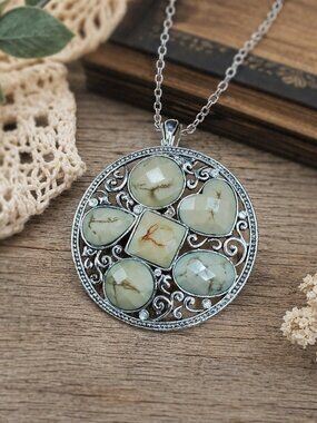 Round Silver-tone Bezel-Set Stones on Scrollwork Necklace Pendant